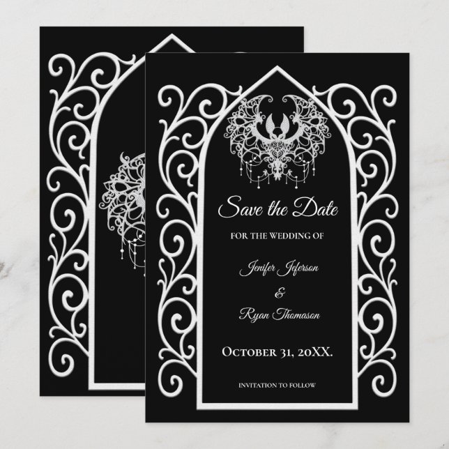 Ornate border black and whit wedding save the date ankündigung (Vorne/Hinten)