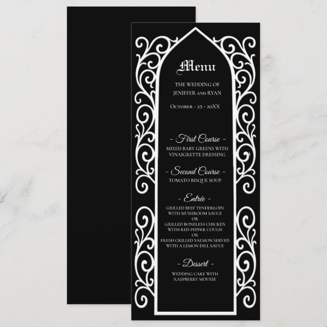 Ornate border black and white Gothic Wedding Menu Menükarte (Vorne/Hinten)