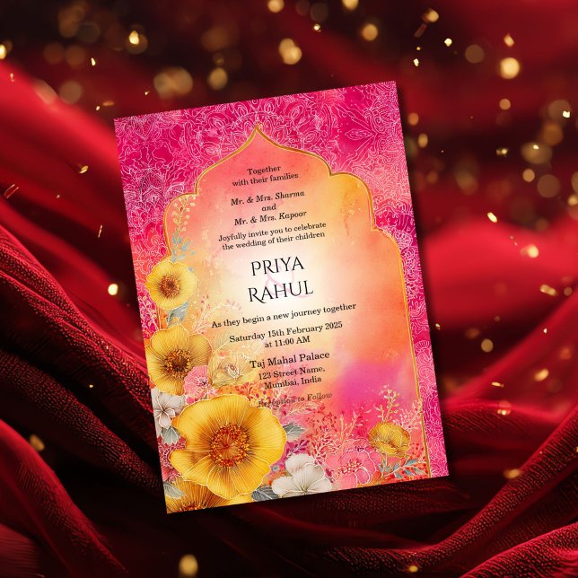 Ornate Elegant Colorful Floral Indian Wedding Einladung (colorful indian arch with flowers, wedding invitation)