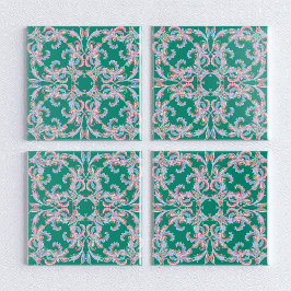 Ornate Floral Filigree Tile in Emerald Green Fliese