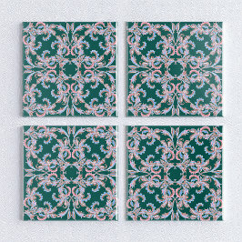 Ornate Floral Filigree Tile in Hunter Green Fliese