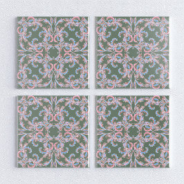 Ornate Floral Filigree Tile in Slate Green Fliese