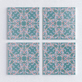 Ornate Floral Filigree Tile in Teal Blue Fliese