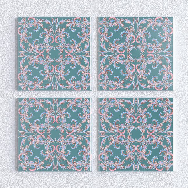 Ornate Floral Filigree Tile in Teal Blue Fliese (Von Creator hochgeladen)