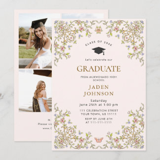 Ornate Floral Grace Boho 4 Photo Graduation Party Einladung