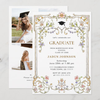 Ornate Floral Grace Boho 4 Photo Graduation Party Einladung