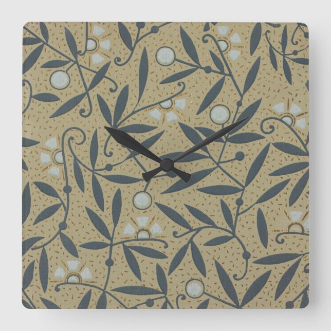 Ornate floral pattern with dark blue vines  quadratische wanduhr (Vorderseite)