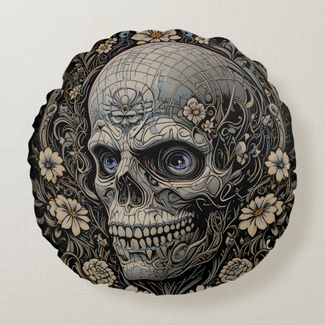 Ornate Floral Skull Victorian Gothic Art Nouveau  Rundes Kissen (Vorderseite)