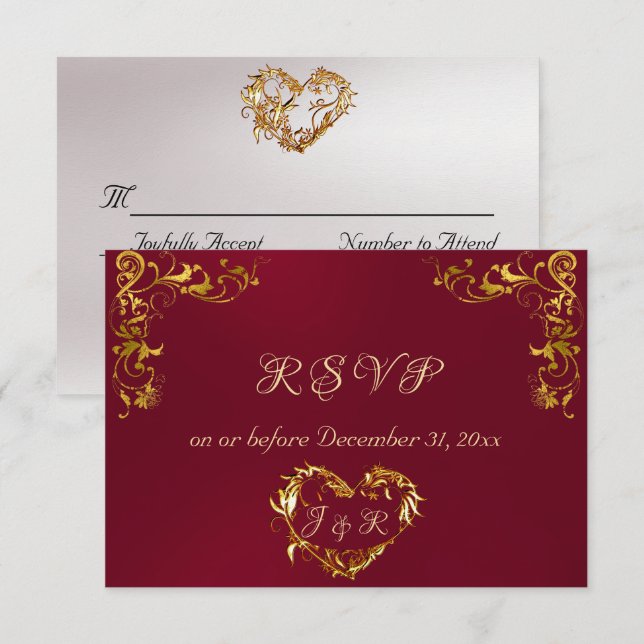 Ornate Frame & Heart - Burgundy/Gold RSVP Karte (Vorne/Hinten)