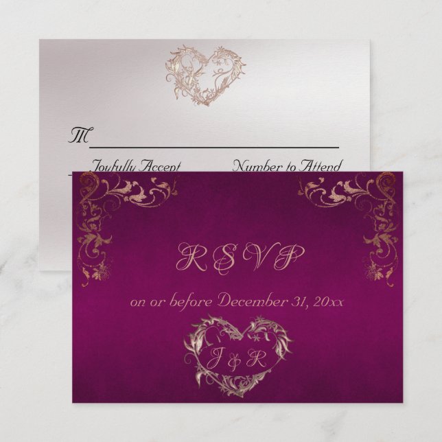 Ornate Frame & Heart - Purple/Rose Gold RSVP Karte (Vorne/Hinten)