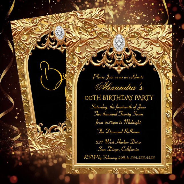 Ornate Gold Black Elegant Birthday Party Diamonds Einladung (Von Creator hochgeladen)