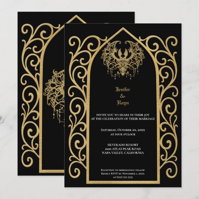 Ornate gold border Gothic wedding Invitation Einladung (Vorne/Hinten)