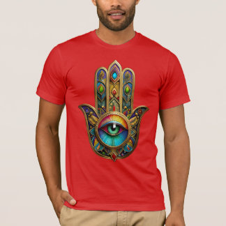 Ornate Gold Colorful Hamsa Green on Red Third Eye T-Shirt