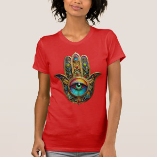 Ornate Gold Colorful Hamsa Green on Red Third Eye T-Shirt