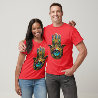 Ornate Gold Colorful Hamsa Green on Red Third Eye T-Shirt