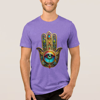 Ornate Gold Colorful Hamsa Green on Red Third Eye Tri-Blend Shirt