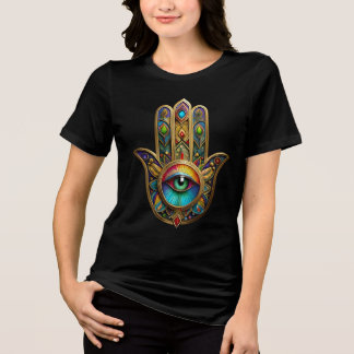 Ornate Gold Colorful Hamsa Green on Red Third Eye Tri-Blend Shirt