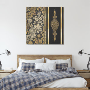 Ornate Gold-Filigree und florales Mandala Schwarz Leinwanddruck