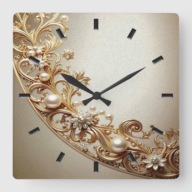 Ornate Gold Flourish Wall Clock Quadratische Wanduhr (Vorderseite)
