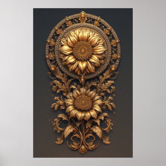 Ornate Gold Frame With Large Metallic Flower Medal Poster (Vorne)