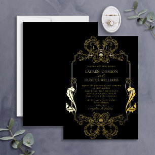 Ornate Gold-Schwarze Florale Linienkunst-Monogramm Folieneinladung