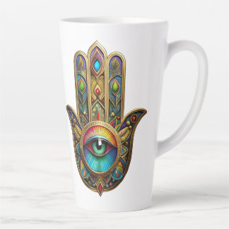 Ornate Gold w/ Green on Red Color Third Eye Hamsa Milchtasse