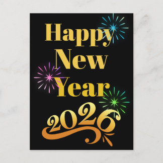 Ornate Golden Happy Near Year 2026 Fireworks Black Postkarte