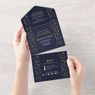 Ornate Goldene Blumenschwünge auf Navy Blau Hochze All In One Einladung