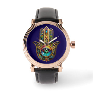Ornate Goldfarbene Hamsa Grün auf Rotem Dritten Au Armbanduhr