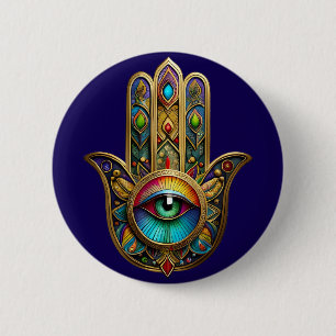 Ornate Goldfarbene Hamsa Grün auf Rotem Dritten Au Button