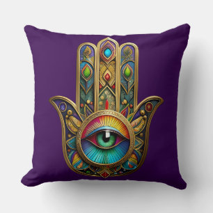 Ornate Goldfarbene Hamsa Grün auf Rotem Dritten Au Kissen