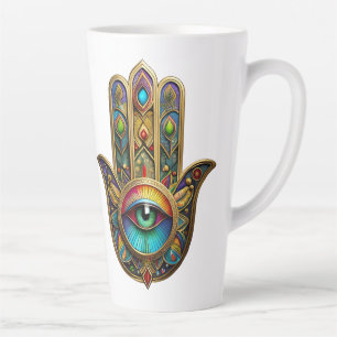 Ornate Goldfarbene Hamsa Grün auf Rotem Dritten Au Milchtasse