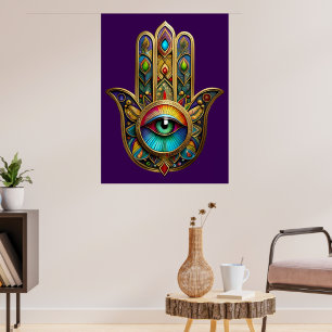 Ornate Goldfarbene Hamsa Grün auf Rotem Dritten Au Poster
