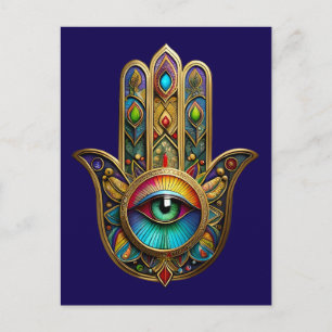 Ornate Goldfarbene Hamsa Grün auf Rotem Dritten Au Postkarte