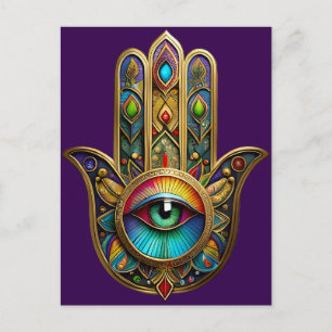 Ornate Goldfarbene Hamsa Grün auf Rotem Dritten Au Postkarte