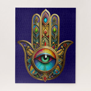 Ornate Goldfarbene Hamsa Grün auf Rotem Dritten Au Puzzle