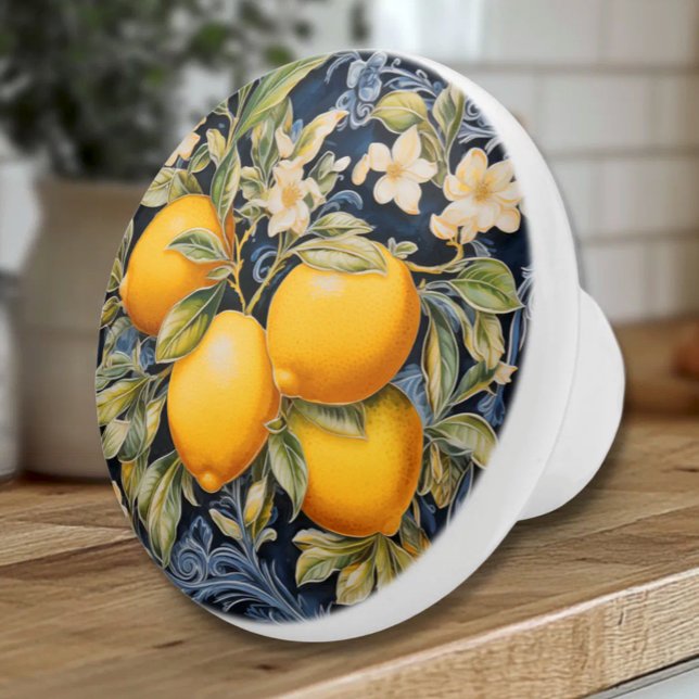 Ornate Lemons - Navy Ceramic Knob Keramikknauf (Ornate Mediterranean Lemons on Navy - Italian Style Ceramic Knob)