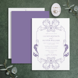 Ornate lila Blumenlinie Kunst Monogramm Hochzeit Einladung