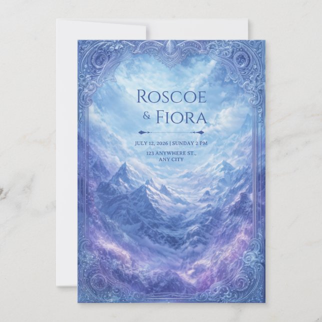 Ornate Mystic Snow Mountain Vista Wedding Einladung (Vorderseite)