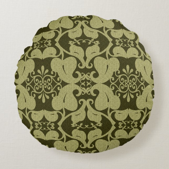 Ornate Olive Green Round Throw Kissen (Vorderseite)