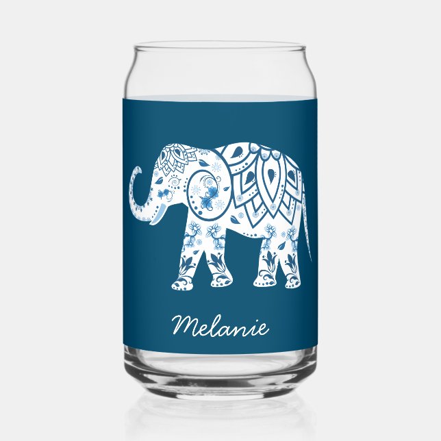 Ornate Patterned Blue Elephant Personalised Dosenglas (Vorderseite)