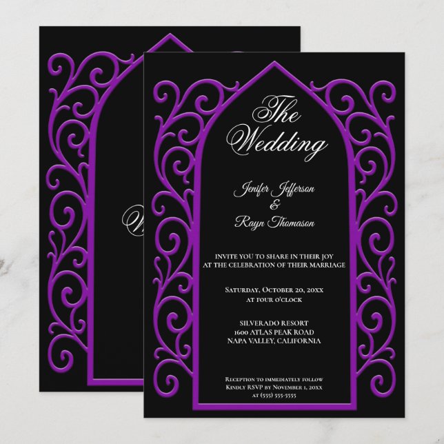 Ornate purple border Gothic wedding Invitation Einladung (Vorne/Hinten)
