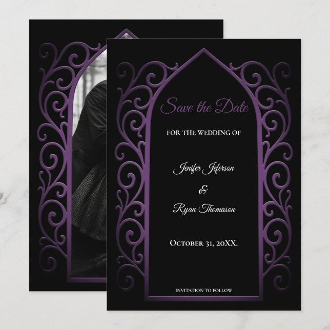 Ornate purple border wedding save the date ankündigung (Vorne/Hinten)