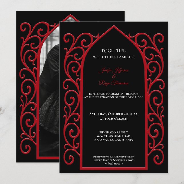 Ornate red border Photo Gothic wedding Invitation Einladung (Vorne/Hinten)