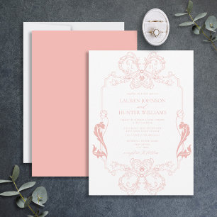 Ornate rosafarbene florale Linienkunst-Monogramm-H Einladung