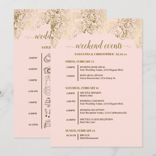 Ornate Rosé-Hochzeitsevents und Zeitplan Programm (Vorne/Hinten)
