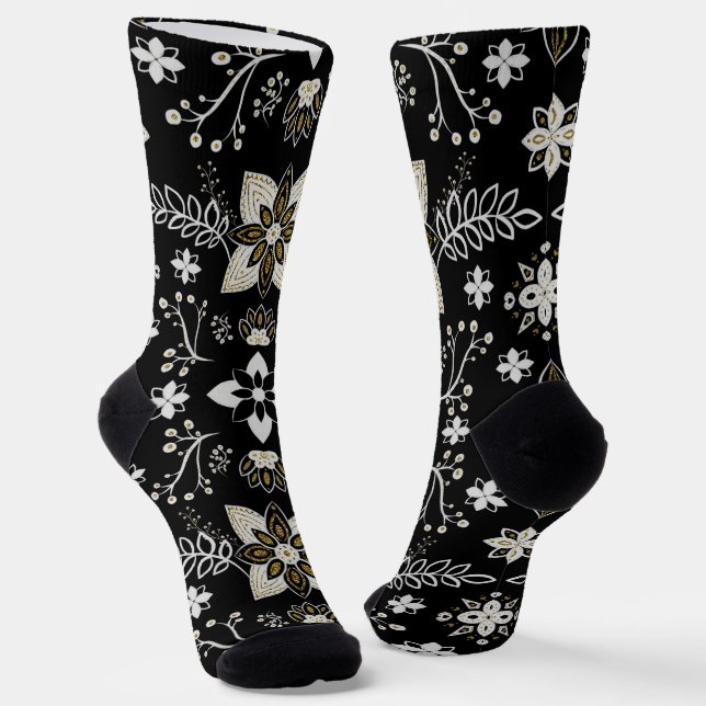 Ornate Schwarz-Weiß-Blumenmuster  Socken (Gewinkelt)