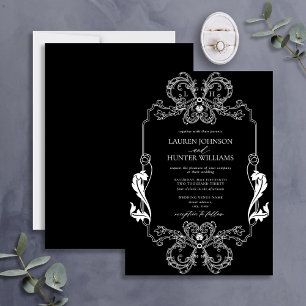 Ornate schwarze florale Linienkunst Monogramm Hoch Einladung
