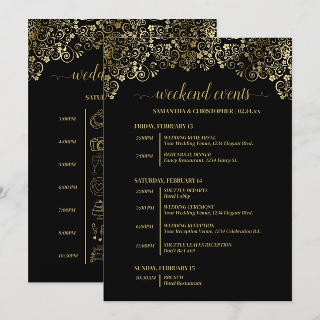 Ornate Schwarze & Goldene Hochzeitsveranstaltungen Programm (Vorne/Hinten)