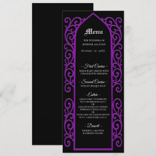 Ornate schwarze und violette gotische Hochzeitsmen Menükarte